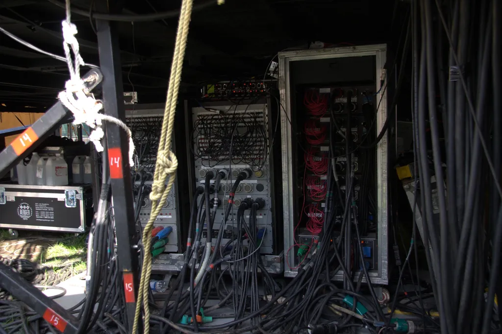Racks de gradateurs et câblage en coulisse — Mondial des Cultures, Drummondville.